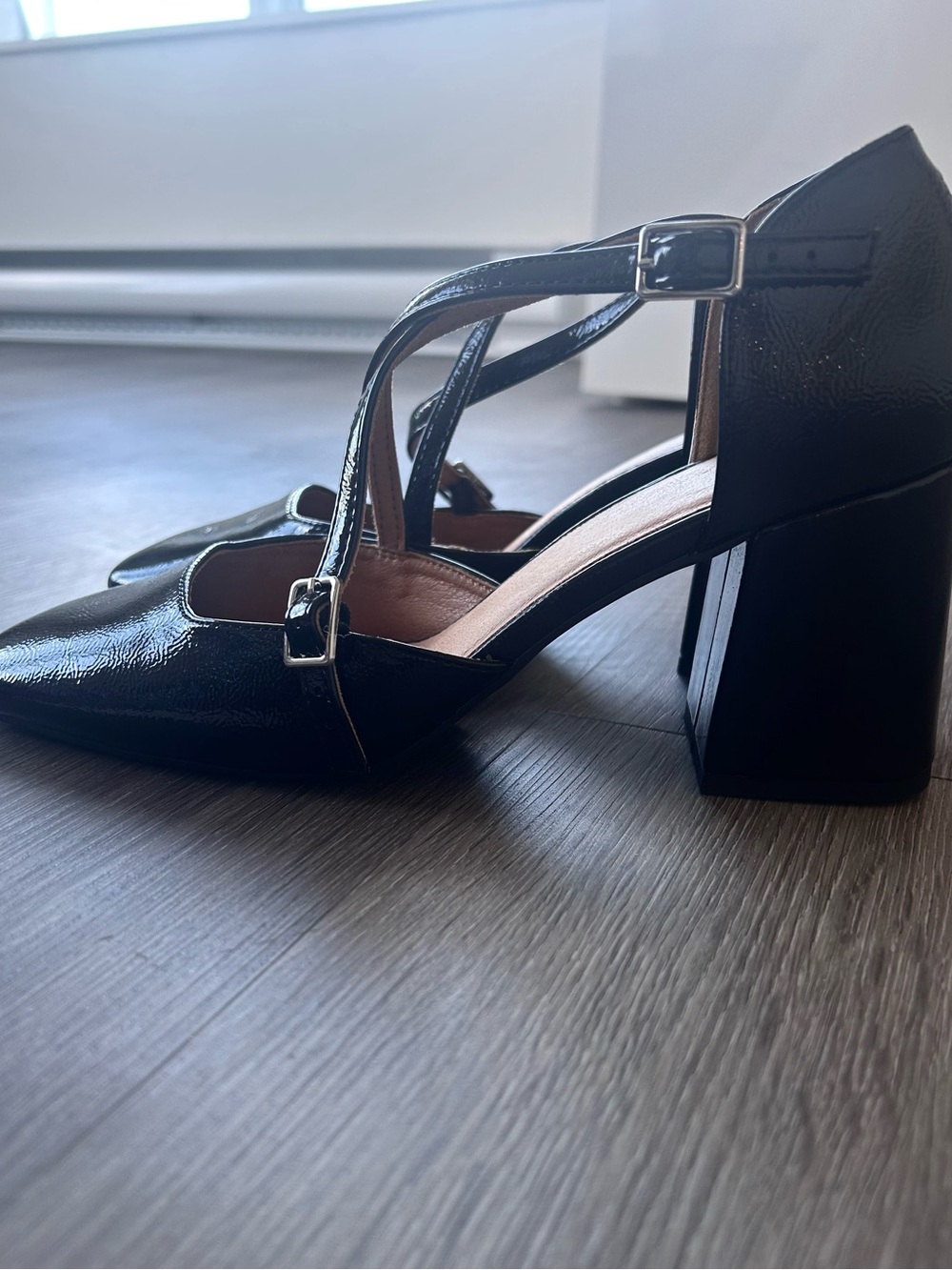 Patent Black Crisscross Strap Block Heel Pumps